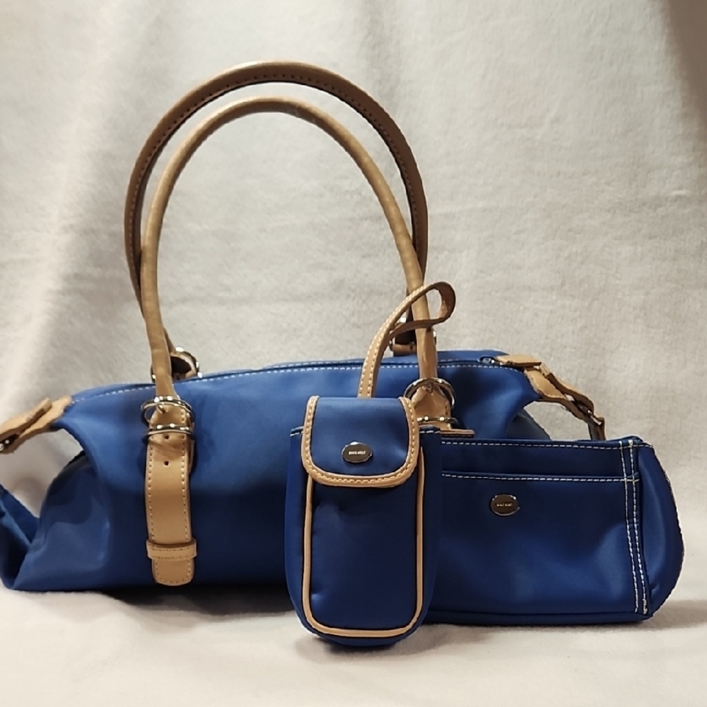 Blue and Tan Shoulder Bag with Leather Accents